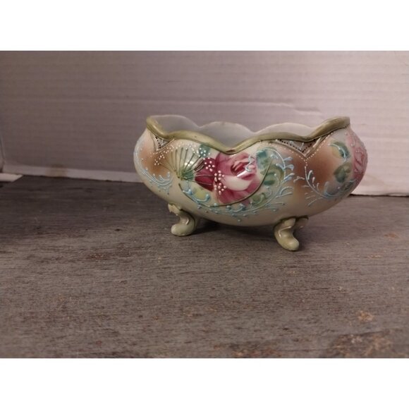 Antique Moriage Noritake Hand-Painted Footed Porcelain Bowl With Floral Design & - Picture 4 of 9